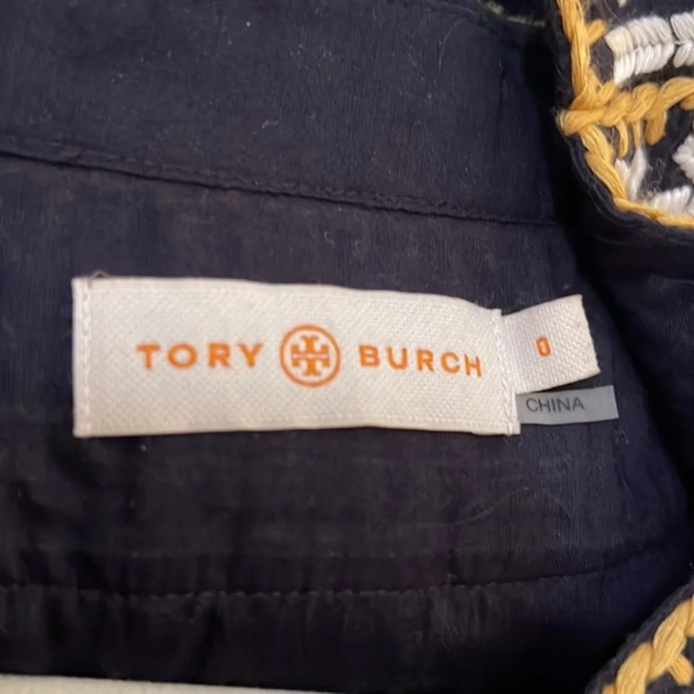 Tory Burch Embroidered Cotton Tunic top with Fringe in Navy‎ White Gold 0